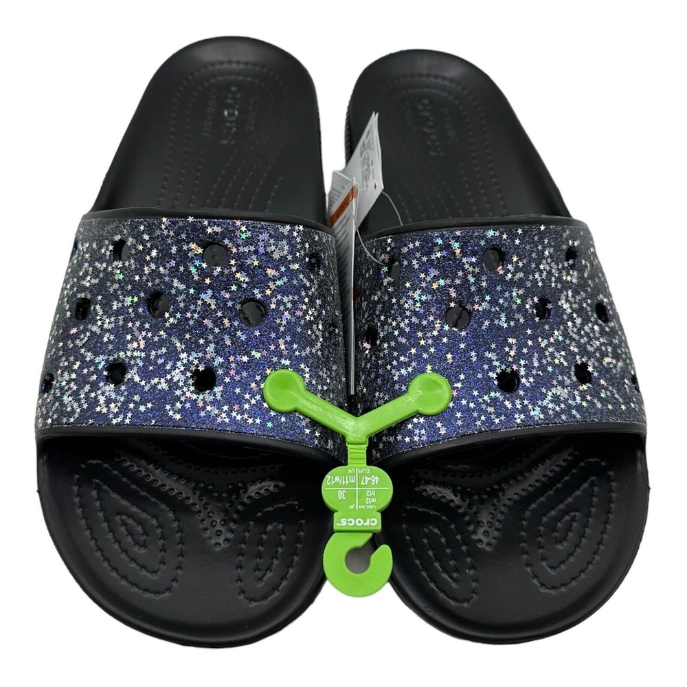 Crocs Classic Starry Glitter Star Slide Sandals Men's Size 12 Black Purple NWT